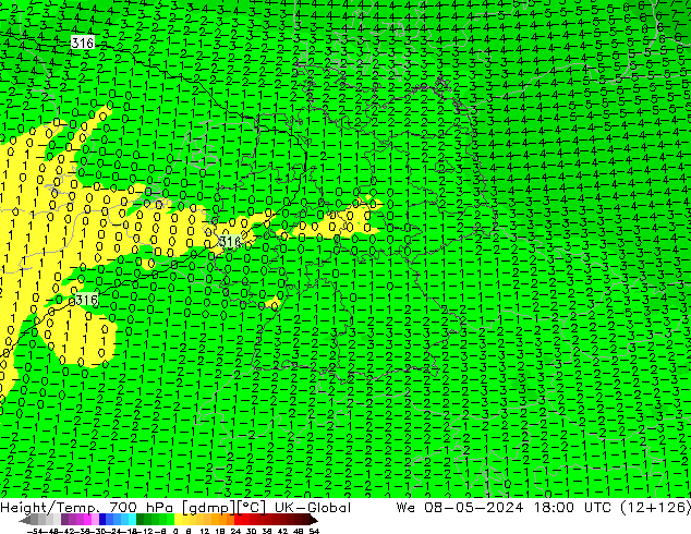 Yükseklik/Sıc. 700 hPa UK-Global Çar 08.05.2024 18 UTC