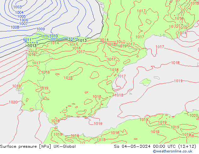 Presión superficial UK-Global sáb 04.05.2024 00 UTC