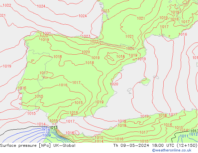 Atmosférický tlak UK-Global Čt 09.05.2024 18 UTC