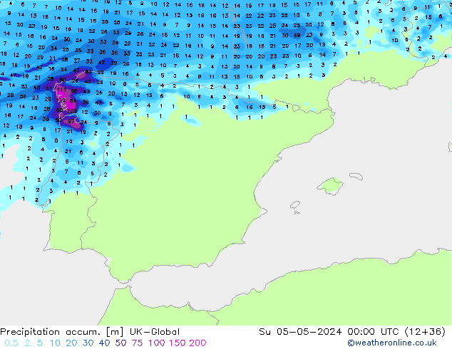 Précipitation accum. UK-Global dim 05.05.2024 00 UTC