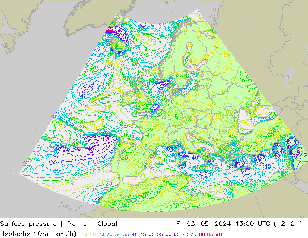 Isotachs (kph) UK-Global пт 03.05.2024 13 UTC