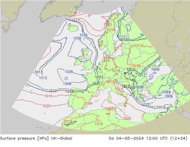 Atmosférický tlak UK-Global So 04.05.2024 12 UTC