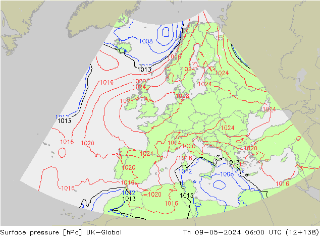 Pressione al suolo UK-Global gio 09.05.2024 06 UTC