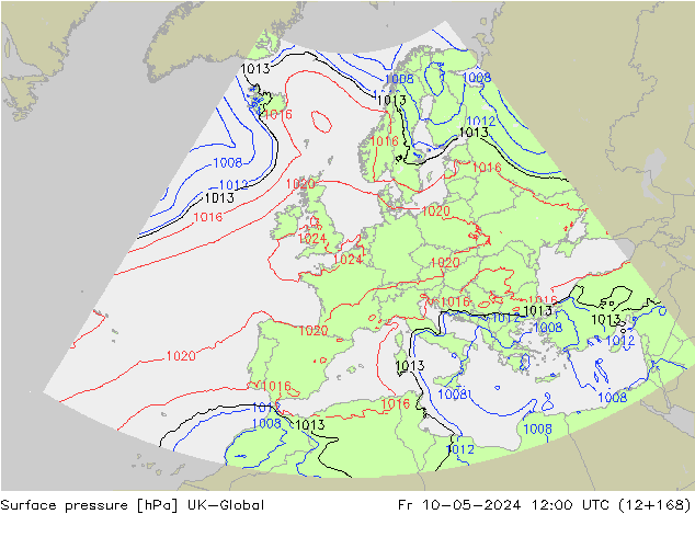 Pressione al suolo UK-Global ven 10.05.2024 12 UTC