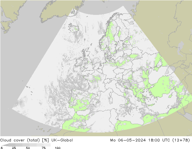 Cloud cover (total) UK-Global Mo 06.05.2024 18 UTC