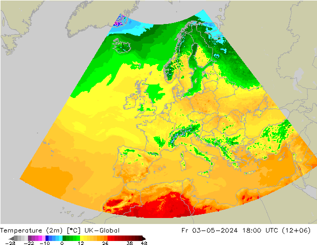 Temperature (2m) UK-Global Fr 03.05.2024 18 UTC