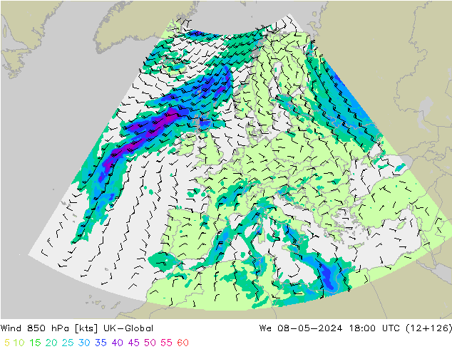 Vento 850 hPa UK-Global Qua 08.05.2024 18 UTC