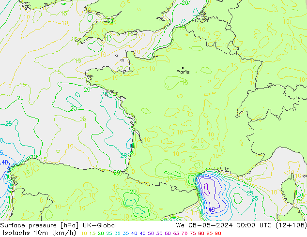 Isotachen (km/h) UK-Global wo 08.05.2024 00 UTC