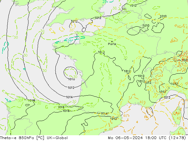 Theta-e 850hPa UK-Global lun 06.05.2024 18 UTC