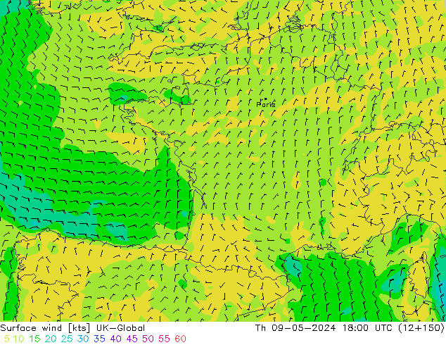 Surface wind UK-Global Čt 09.05.2024 18 UTC