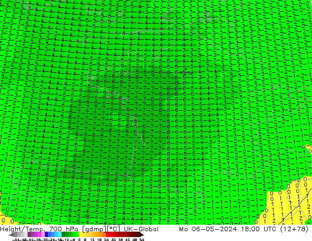 Height/Temp. 700 hPa UK-Global lun 06.05.2024 18 UTC