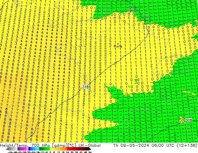 Height/Temp. 700 hPa UK-Global Th 09.05.2024 06 UTC