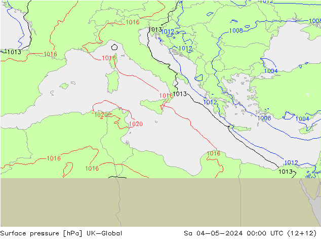 Pressione al suolo UK-Global sab 04.05.2024 00 UTC