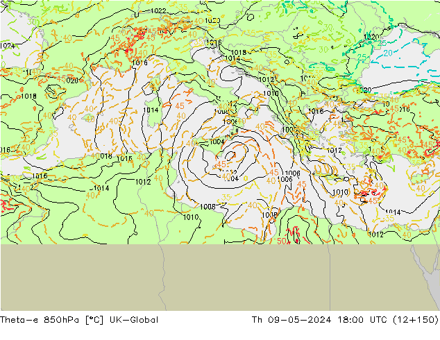 Theta-e 850hPa UK-Global Čt 09.05.2024 18 UTC