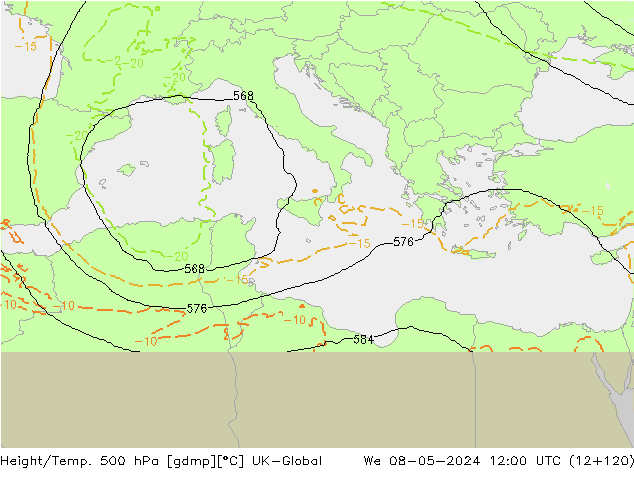 Height/Temp. 500 hPa UK-Global We 08.05.2024 12 UTC