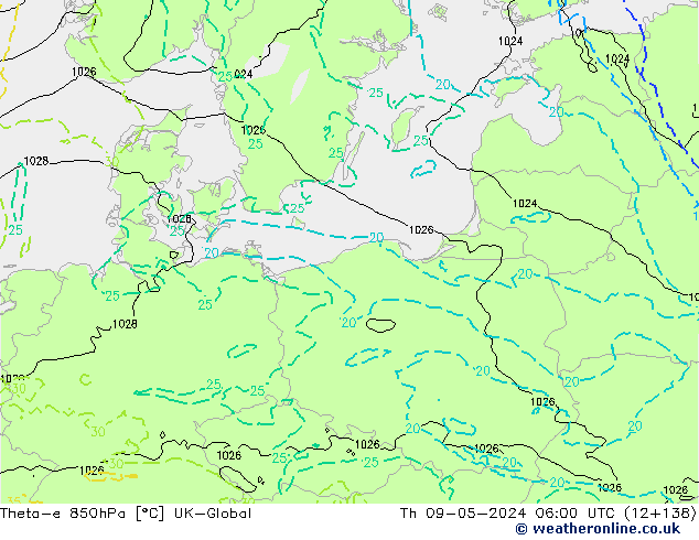 Theta-e 850hPa UK-Global do 09.05.2024 06 UTC