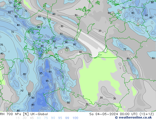 Humidité rel. 700 hPa UK-Global sam 04.05.2024 00 UTC