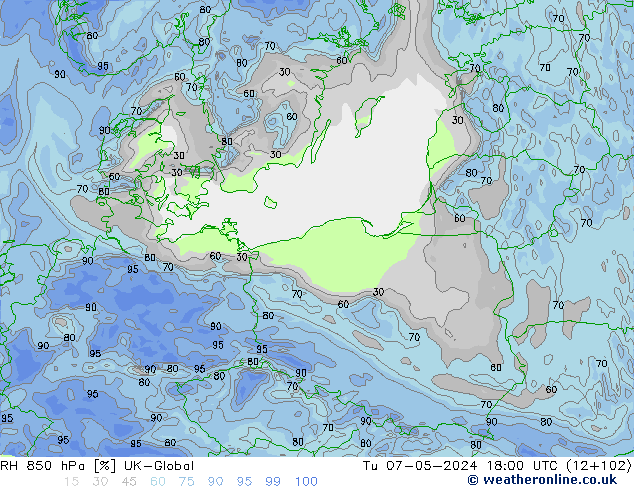 Humidité rel. 850 hPa UK-Global mar 07.05.2024 18 UTC