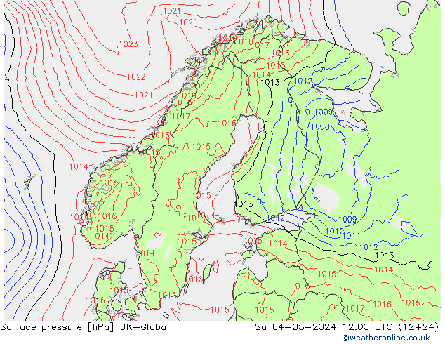 Pressione al suolo UK-Global sab 04.05.2024 12 UTC