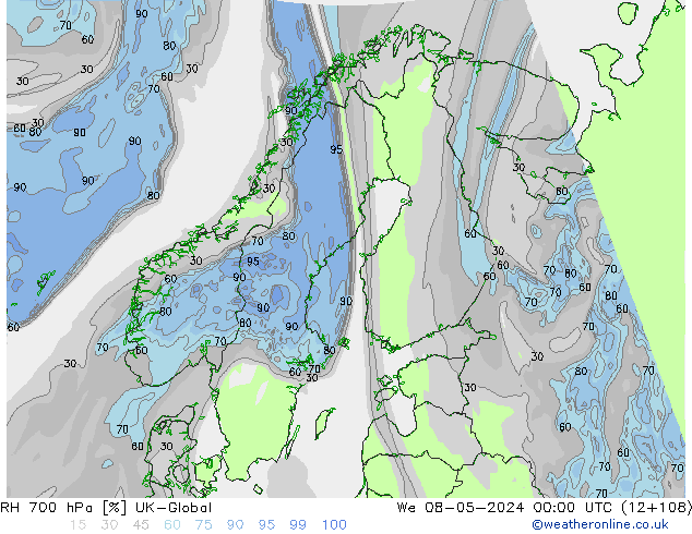 Humedad rel. 700hPa UK-Global mié 08.05.2024 00 UTC