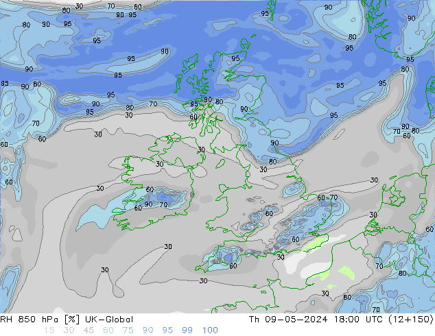 Humidité rel. 850 hPa UK-Global jeu 09.05.2024 18 UTC