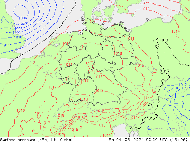 Pressione al suolo UK-Global sab 04.05.2024 00 UTC
