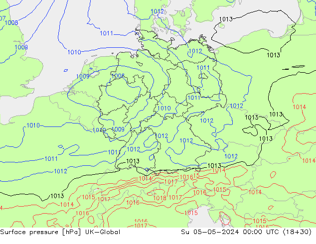 Pressione al suolo UK-Global dom 05.05.2024 00 UTC