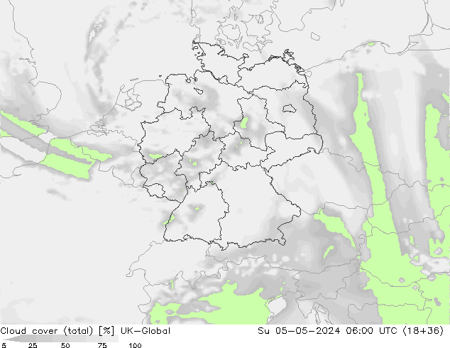 Bewolking (Totaal) UK-Global zo 05.05.2024 06 UTC