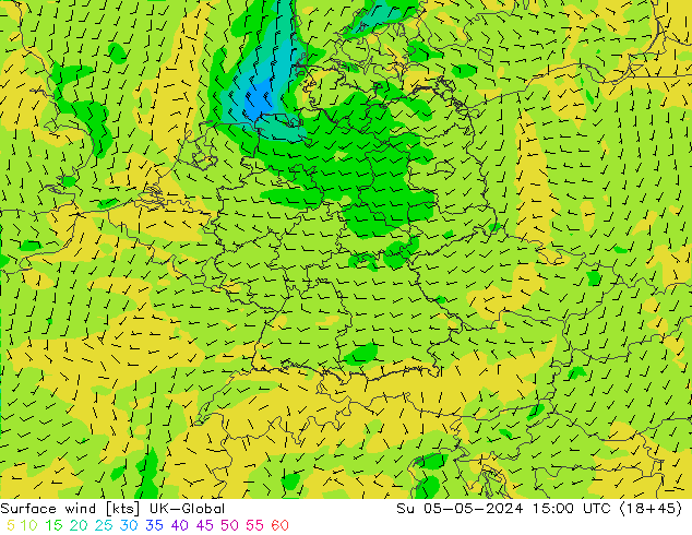 Surface wind UK-Global Su 05.05.2024 15 UTC