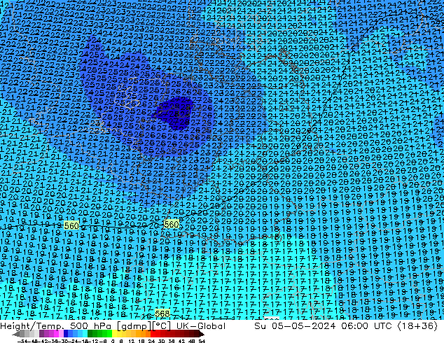 Hoogte/Temp. 500 hPa UK-Global zo 05.05.2024 06 UTC