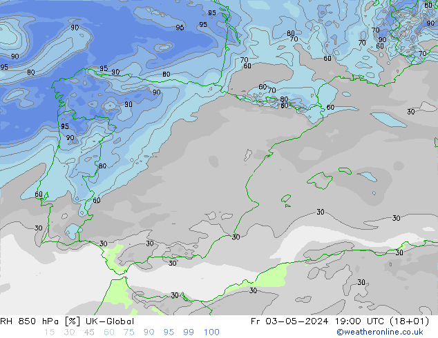 RH 850 hPa UK-Global Fr 03.05.2024 19 UTC