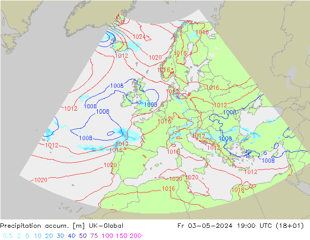 Precipitation accum. UK-Global Fr 03.05.2024 19 UTC