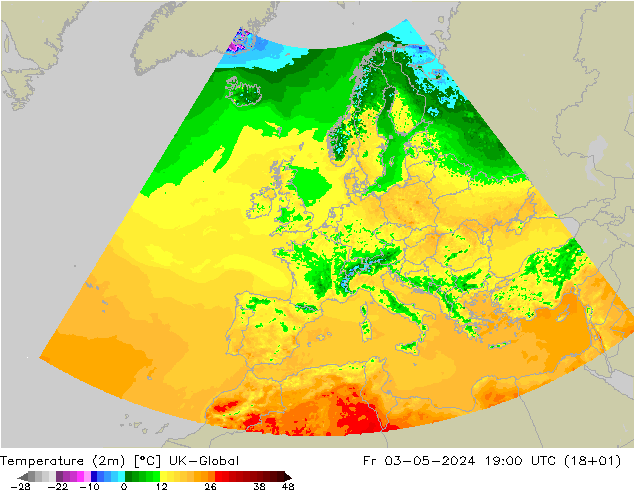 Temperaturkarte (2m) UK-Global Fr 03.05.2024 19 UTC