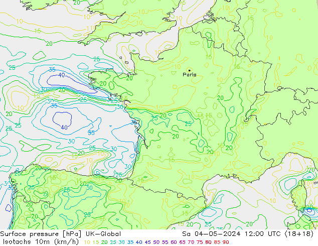 Isotachs (kph) UK-Global Sáb 04.05.2024 12 UTC