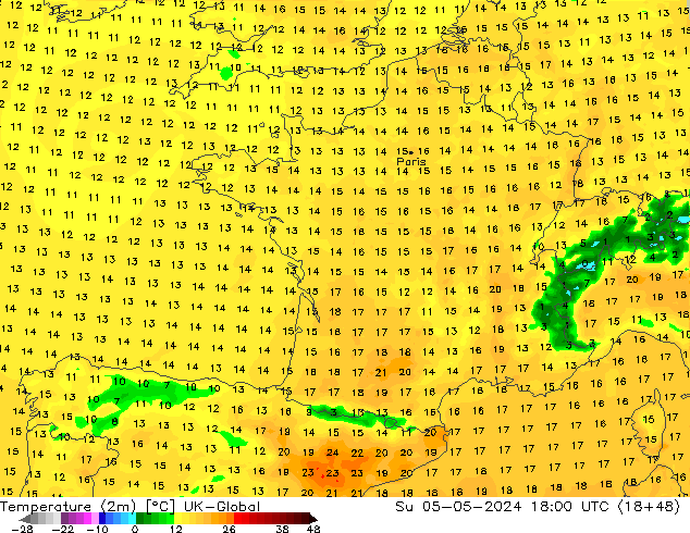 Temperature (2m) UK-Global Su 05.05.2024 18 UTC