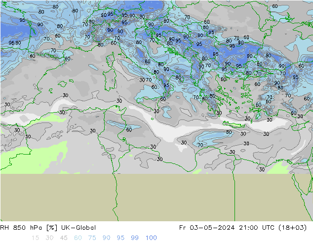 Humidité rel. 850 hPa UK-Global ven 03.05.2024 21 UTC