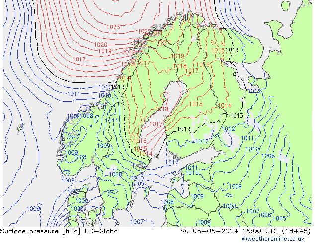 Atmosférický tlak UK-Global Ne 05.05.2024 15 UTC