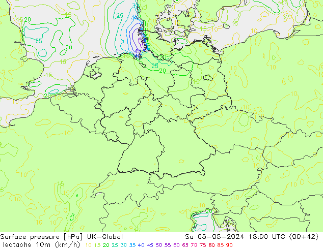 Isotachs (kph) UK-Global dim 05.05.2024 18 UTC