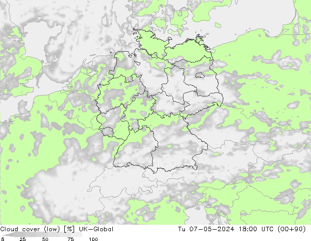 Cloud cover (low) UK-Global Tu 07.05.2024 18 UTC
