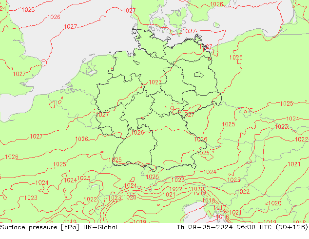 Surface pressure UK-Global Th 09.05.2024 06 UTC