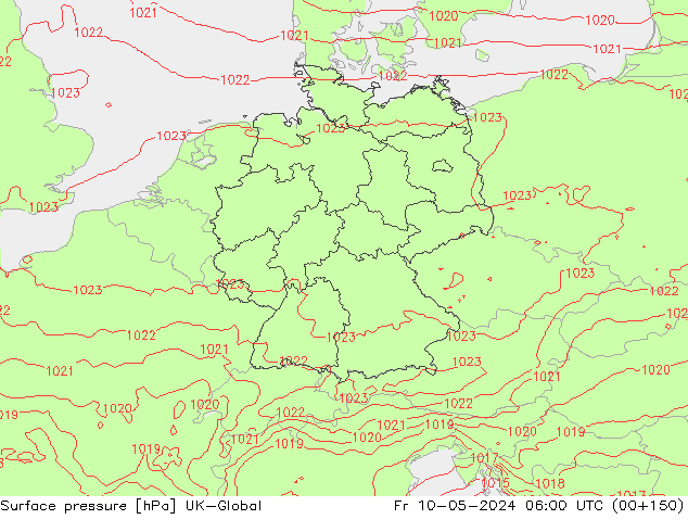 Pressione al suolo UK-Global ven 10.05.2024 06 UTC