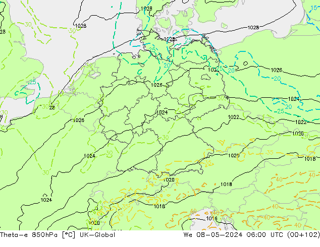 Theta-e 850hPa UK-Global  08.05.2024 06 UTC