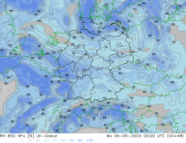 Humidité rel. 850 hPa UK-Global lun 06.05.2024 00 UTC