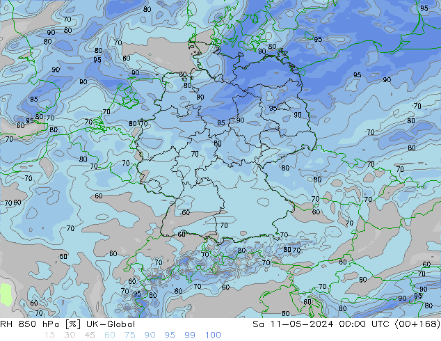 Humedad rel. 850hPa UK-Global sáb 11.05.2024 00 UTC