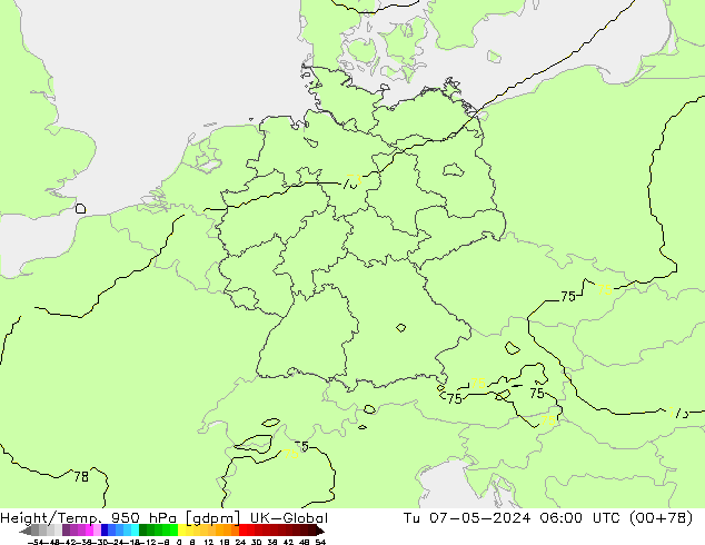 Height/Temp. 950 hPa UK-Global Tu 07.05.2024 06 UTC