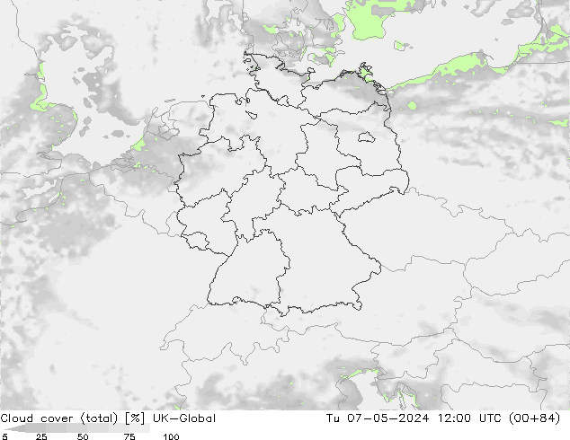 Cloud cover (total) UK-Global Tu 07.05.2024 12 UTC