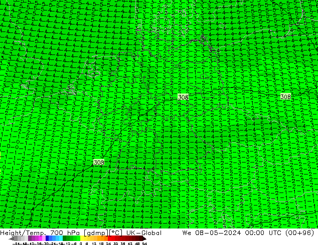 Géop./Temp. 700 hPa UK-Global mer 08.05.2024 00 UTC