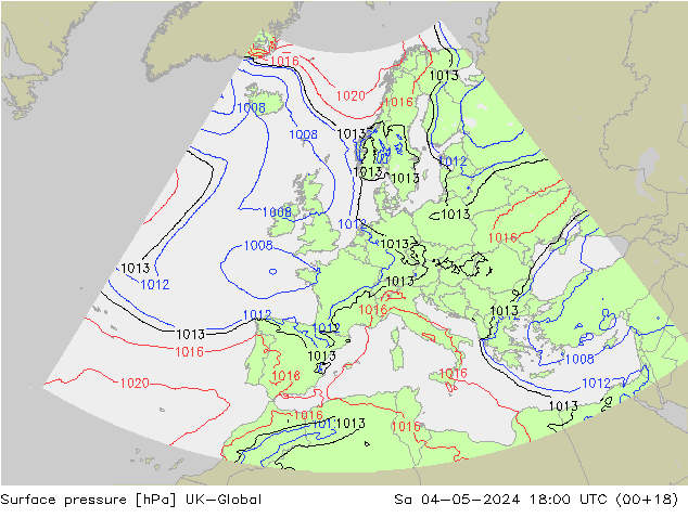 Pressione al suolo UK-Global sab 04.05.2024 18 UTC