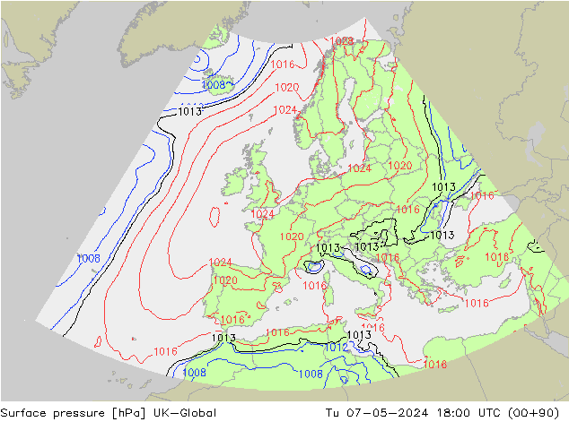 Surface pressure UK-Global Tu 07.05.2024 18 UTC