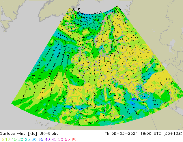 Surface wind UK-Global Th 09.05.2024 18 UTC